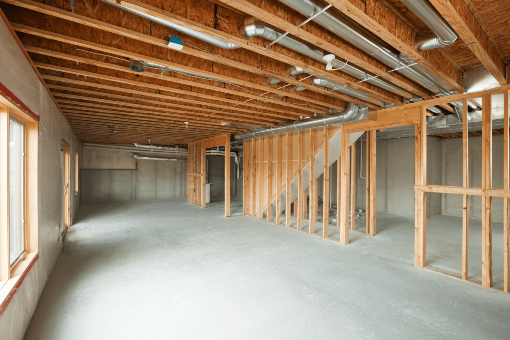 Unfinished basement in a residential home