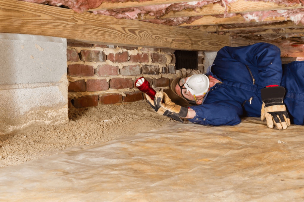 Man inspecting a crawl space with a flashlight