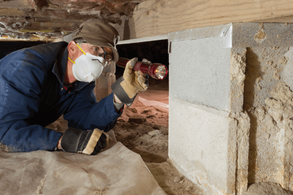 Professional inspecting an unfinished crawl space