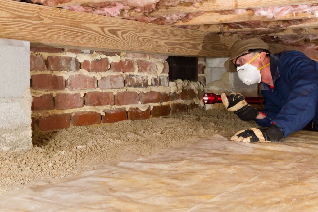 Man in safety gear inspecting a crawl space