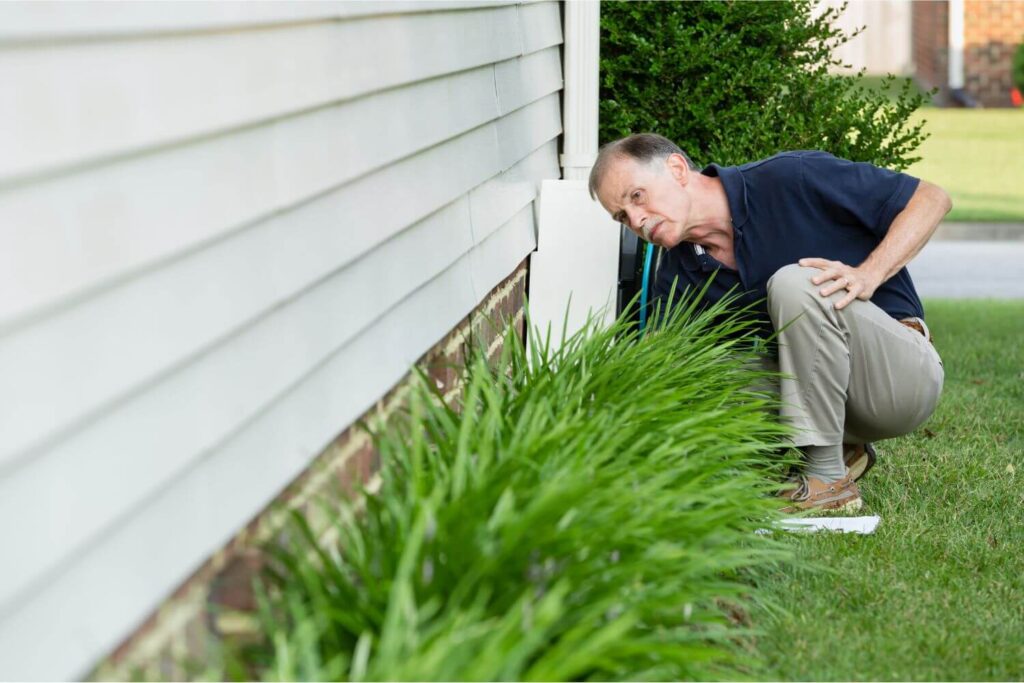 Man kneeling down in the grass, inspecting the foundation of his home