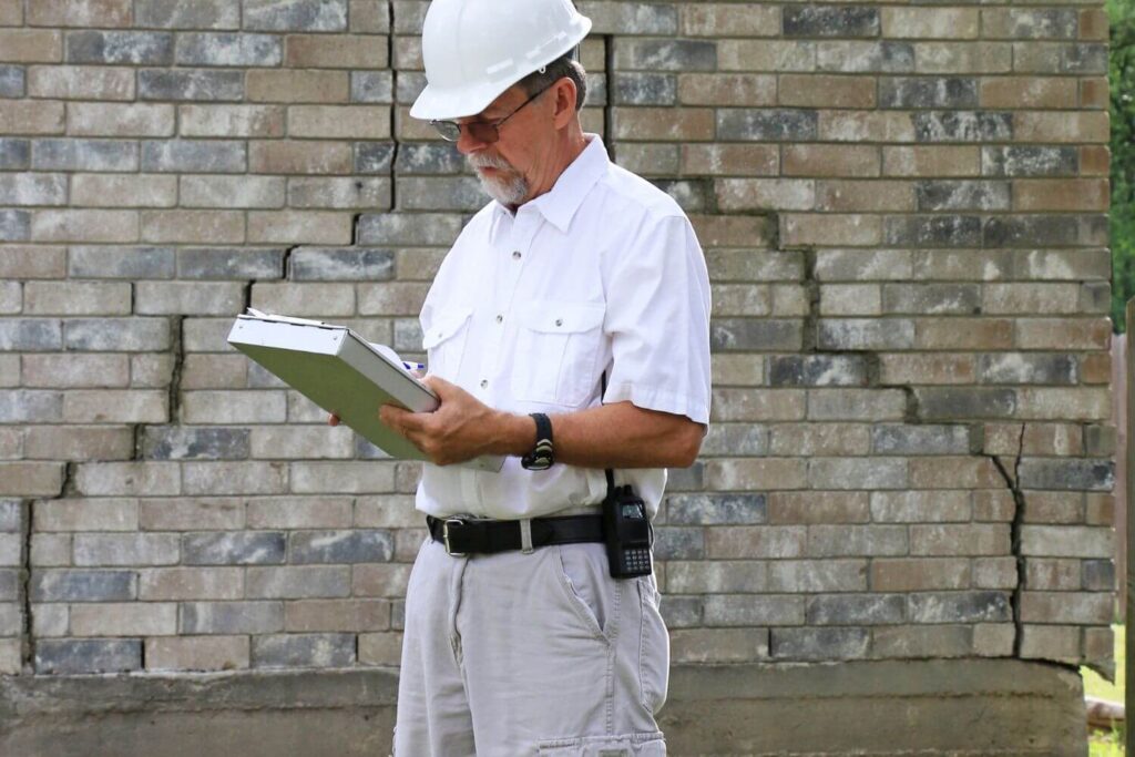 Professional Inspector accessing foundation damage on a brick home