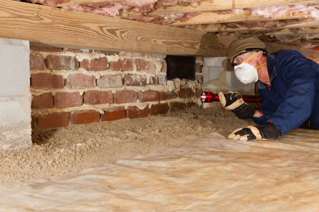 A man with a mask on, holding a flashlight, and checking a home's crawl space.