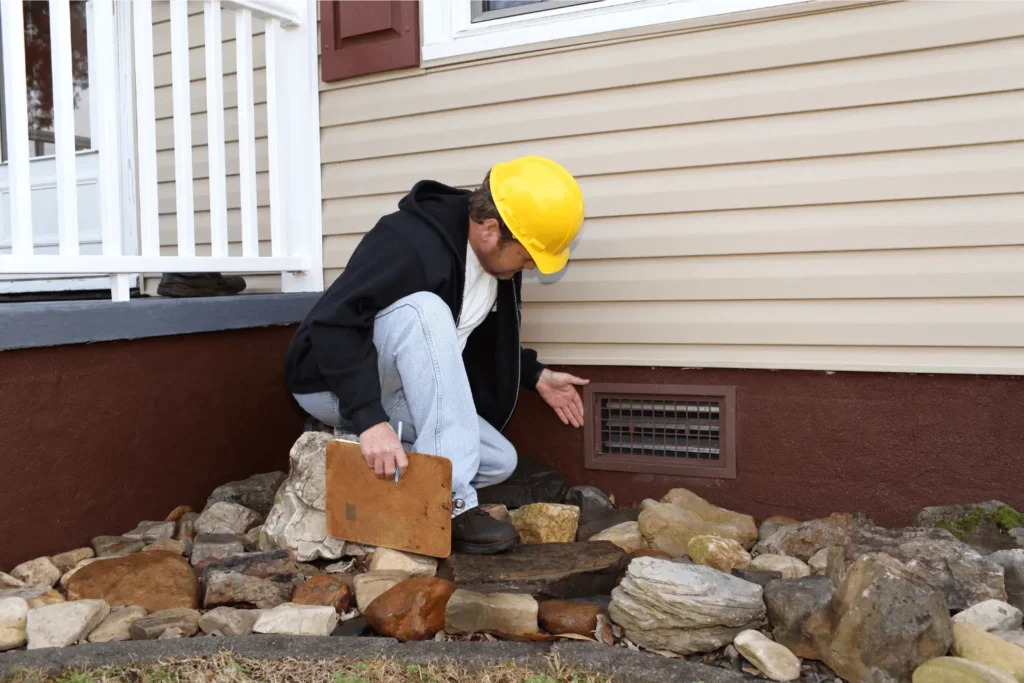 A man wearing a safety helmet while kneeling down next to a crawl space vent outside of a home