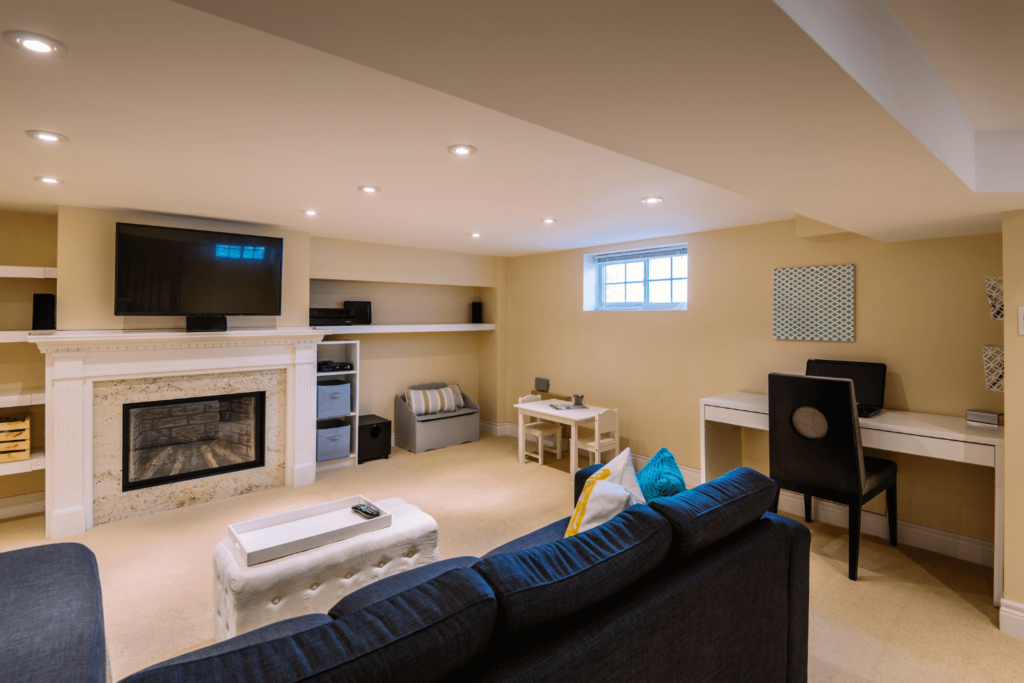 A finished home basement with fireplace, tv, desk, and sofa