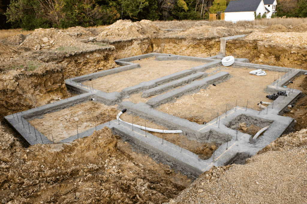 Metal and cement are laid out for a structural foundation