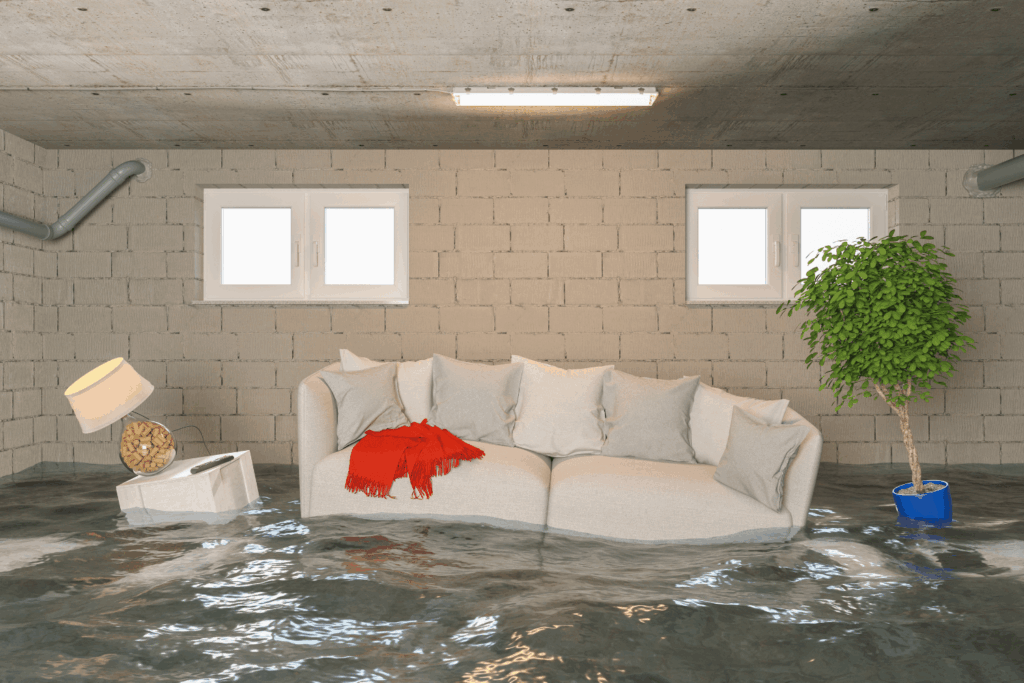 A home basement with a couch, table, lamp, and tree floating in water