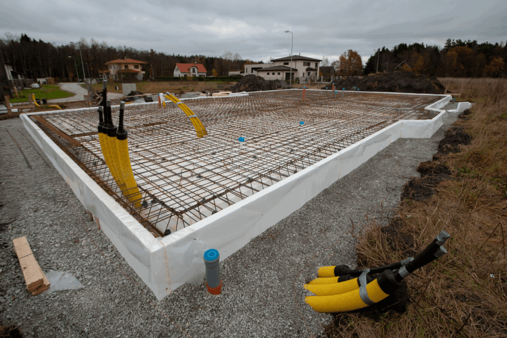 A home foundation laid on a bed of gravel