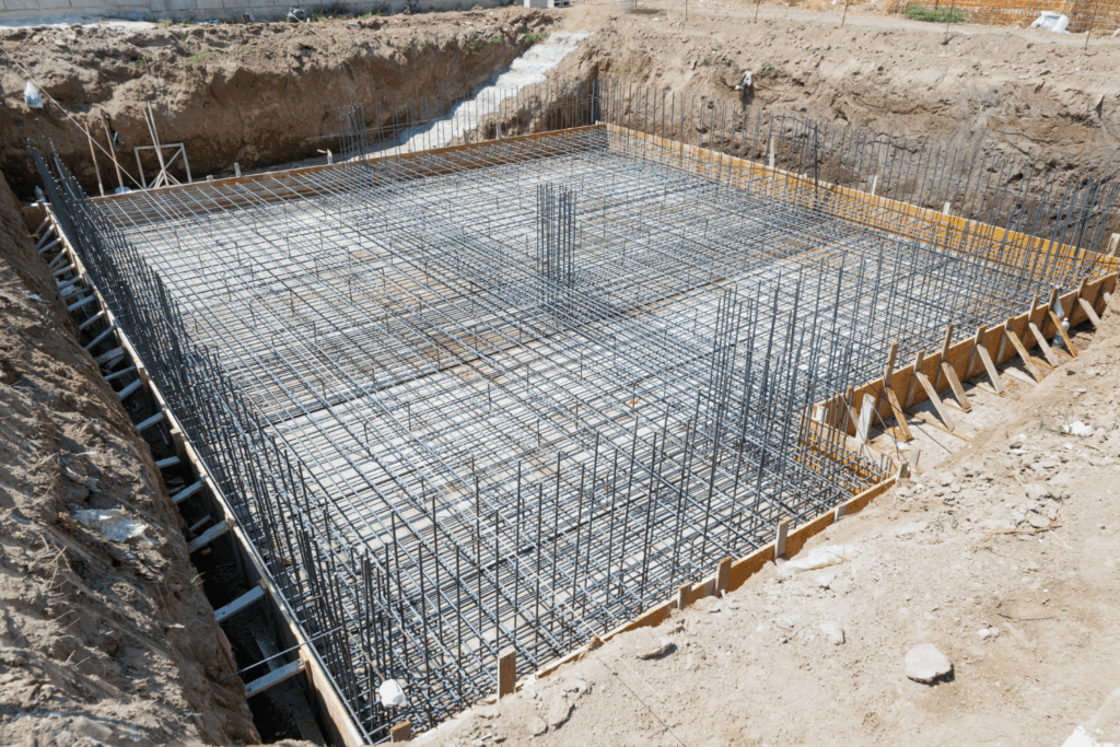 Concrete poured into a metal and wood framing to form the foundation of a home