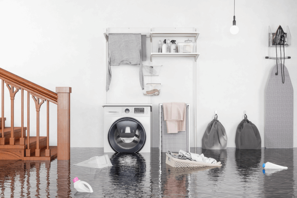 Water flooding a home's basement with a laundry room