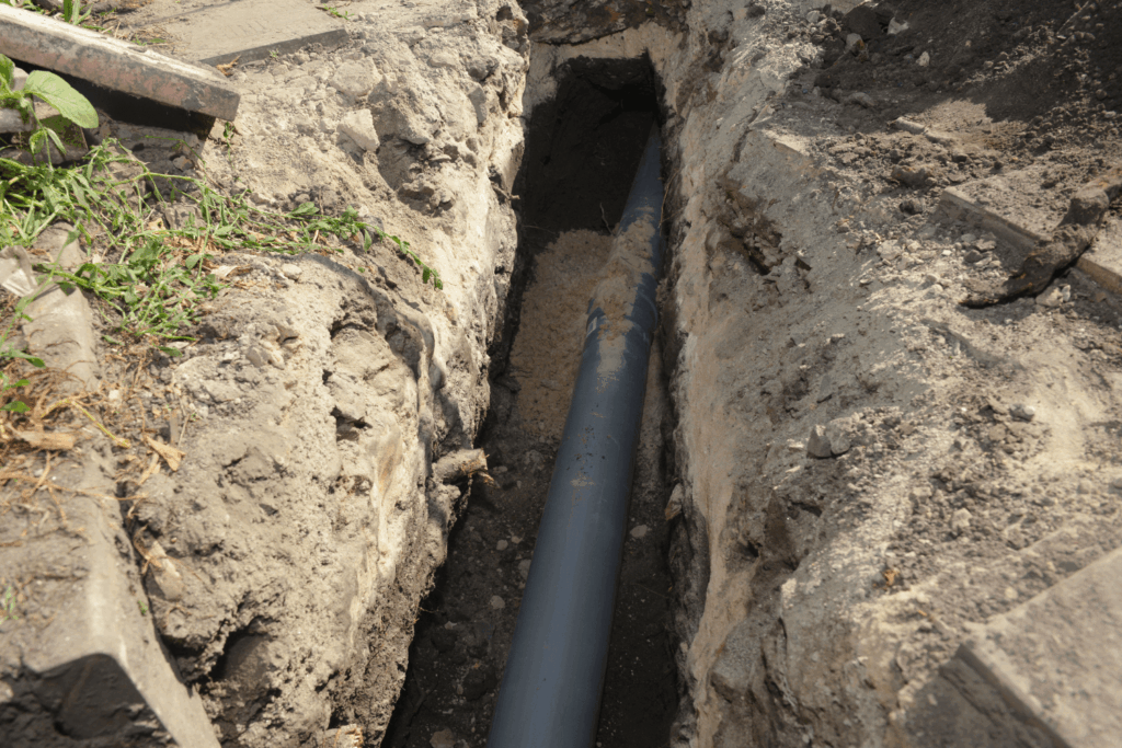 excavation of a yard during the installation of residential sewer drain pipe