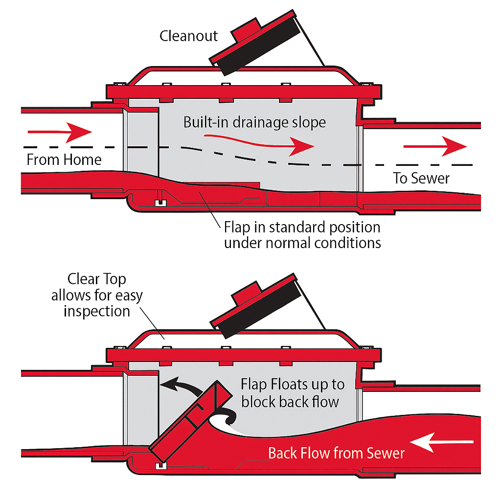 graphic depicting how a backwater valve works