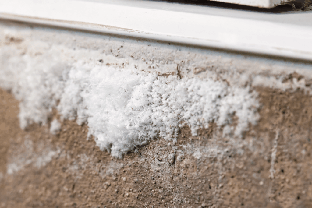 Efflorescence on a residential wall due to moisture seeping into the foundation