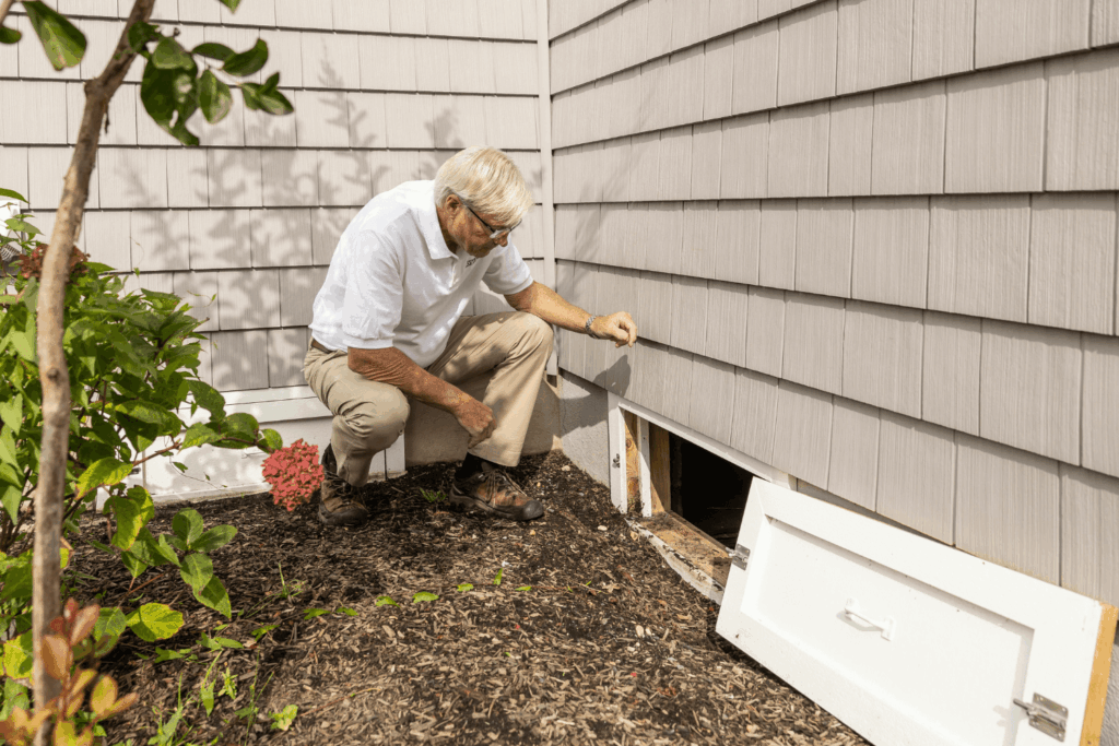 Man kneeling down next to his crawl space as he completes a summer home inspection
