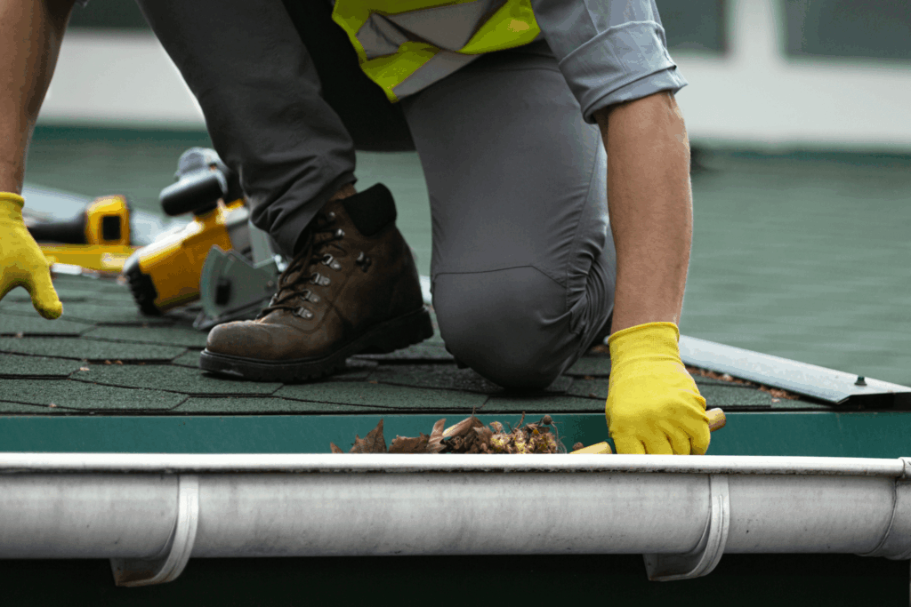 man kneeling on a roof to clear debris that is clogging residential gutters
