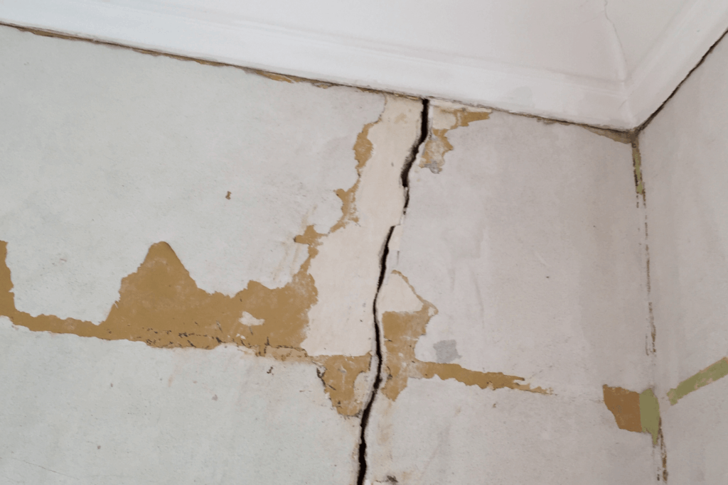 An indoor home wall with a crack starting at the ceiling and travelling down the wall