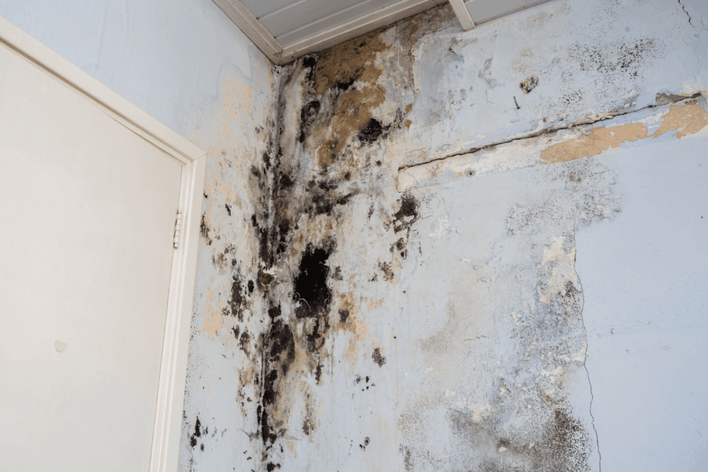 The area where the ceiling meets that is covered in black mold and showing signs of water damage