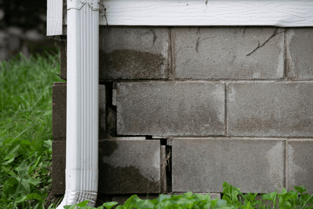 The foundation of a home that has shifted bricks, showing signs of leaking water