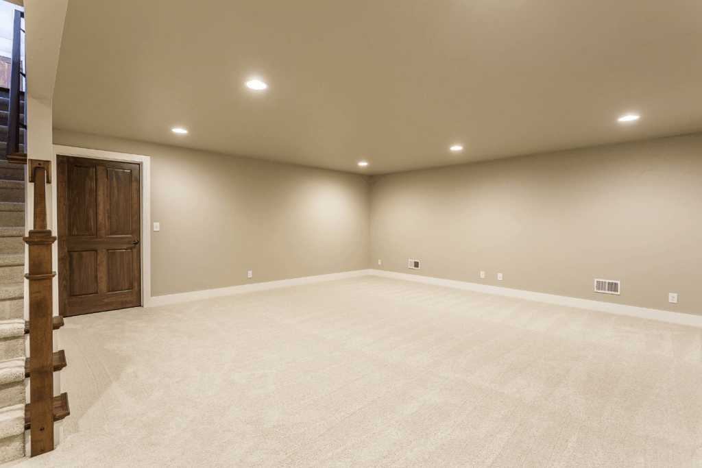 Clean residential basement that is dry and odor free after basement waterproofing systems have been installed