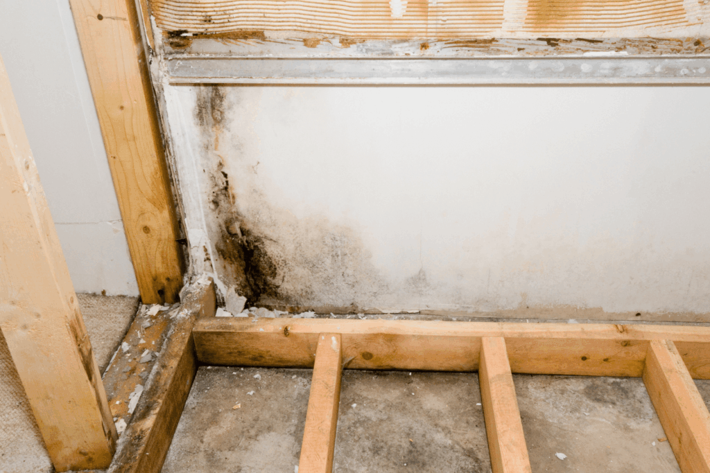 Interior home basement walls showing signs of mold growth and water damage