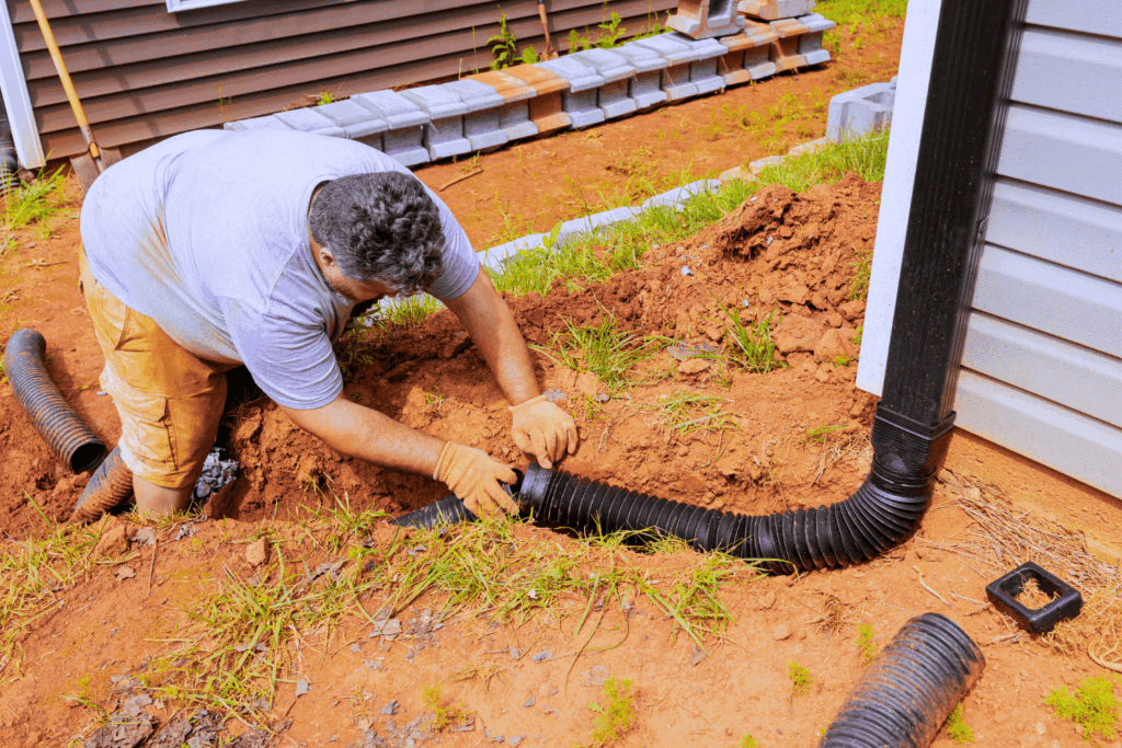 Man installing downspout drainage on a home