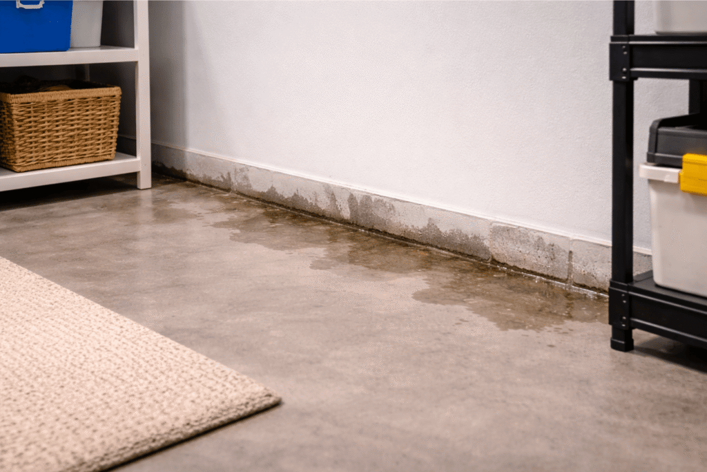 visible water leakage between the wall and floor in a basement
