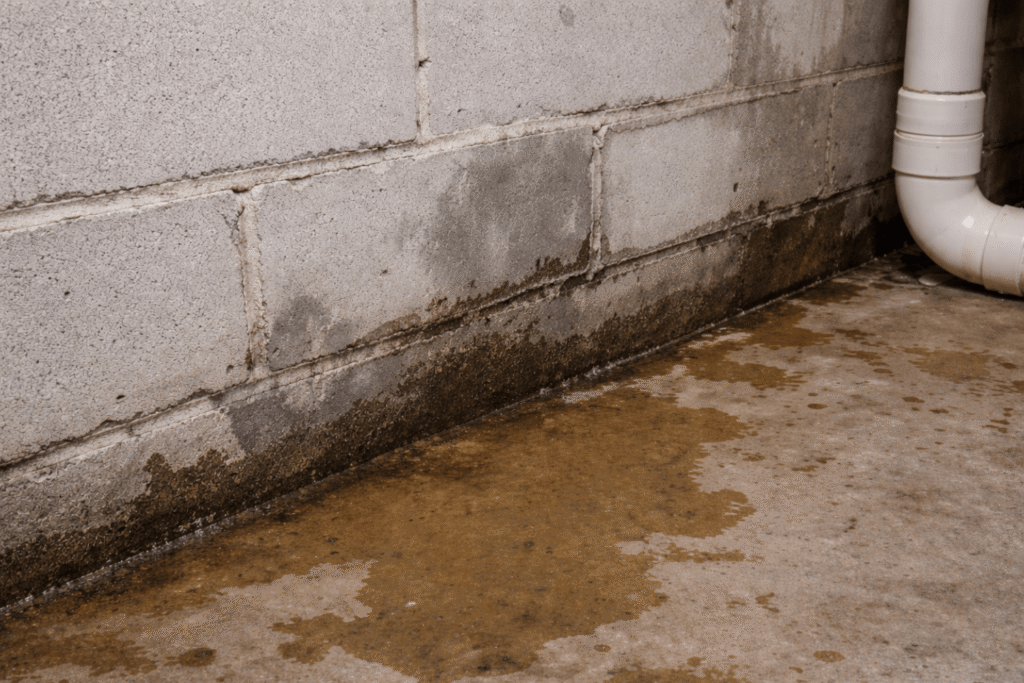 water leaking from wall and floor, evidence of a cove joint leak in a residential basement