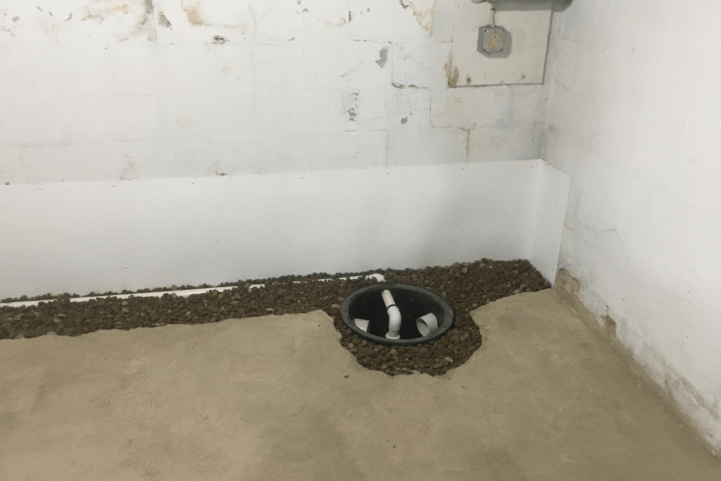 drainage installation in a basement with a sump pump