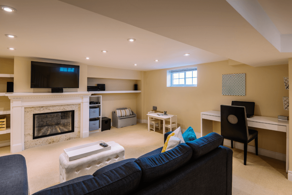 finished family basement with furniture