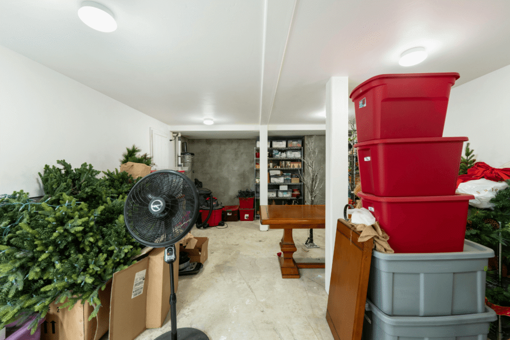 Various cardboard boxes and storage bins stacked in a residential basement