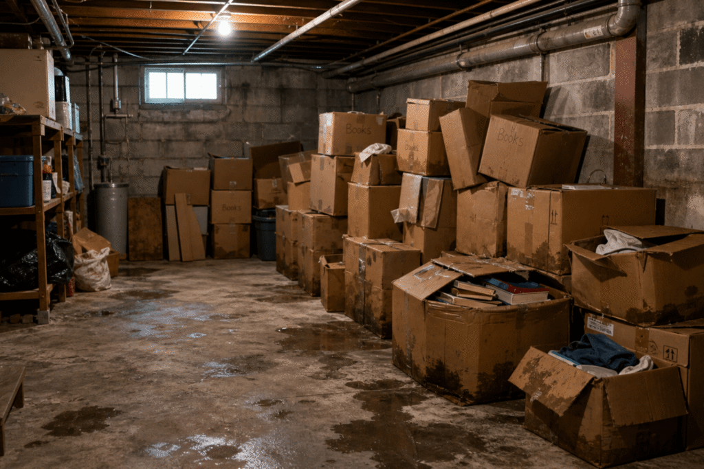 a messy basement with many cardboard boxes stacked and clear signs of water leaks