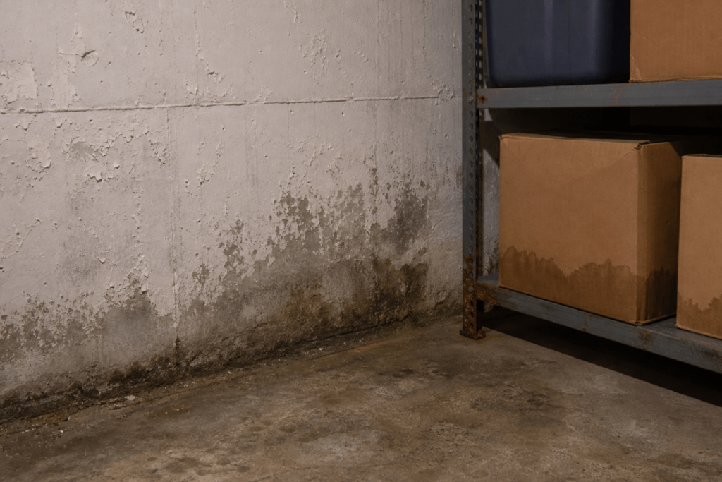 various signs of water damage in an unkempt basement