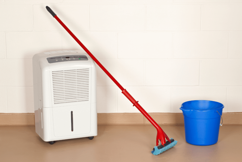 dehumidifier with a mop and blue bucket on a basement floor