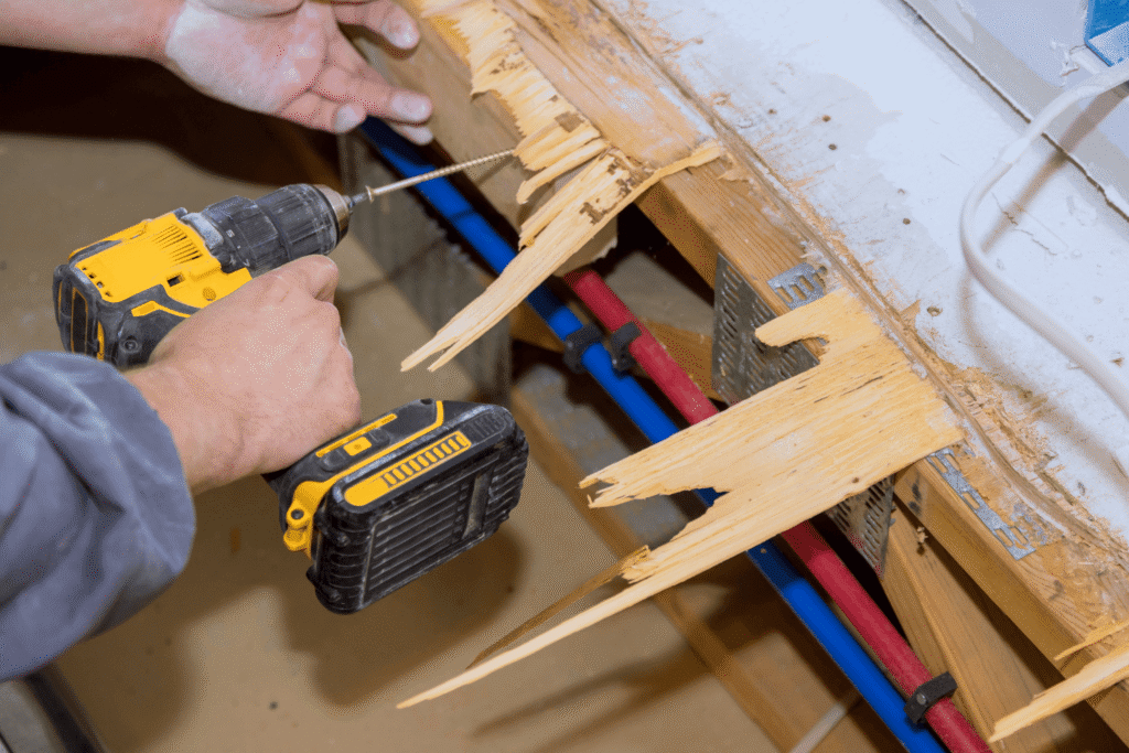 Man drilling into plywood while repairing damaged floor joists