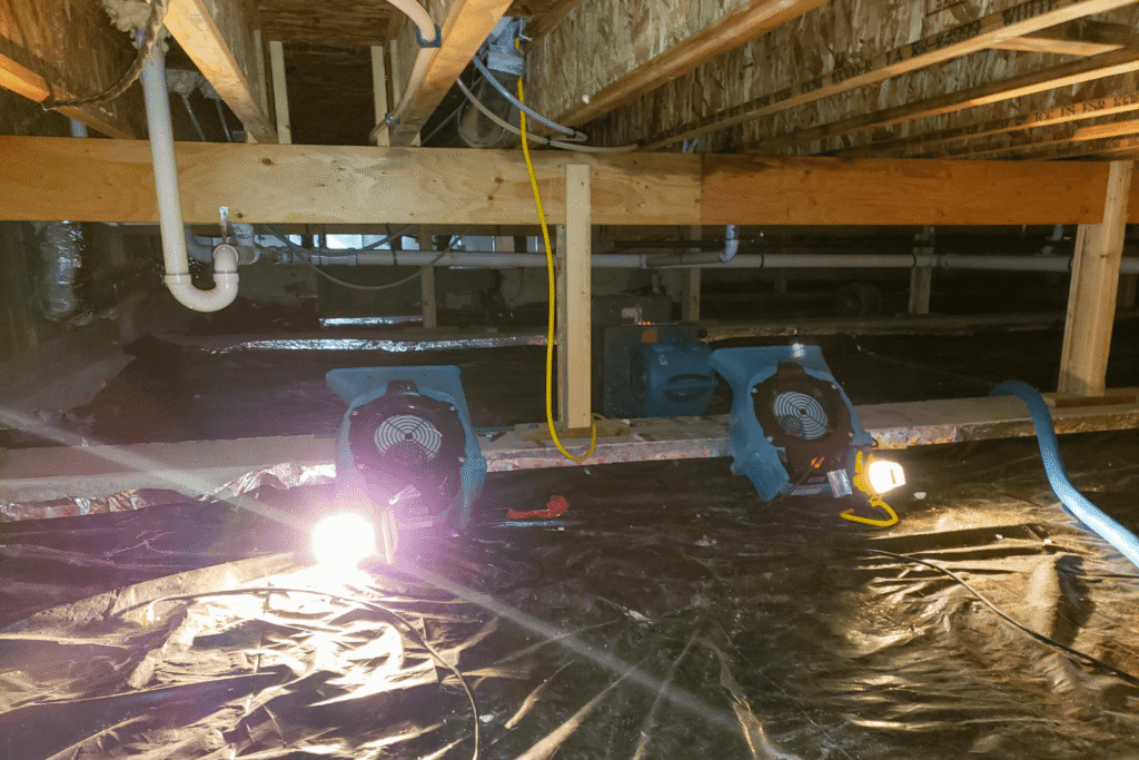 two large dehumidifiers and fans are drying out a damp crawl space in a home