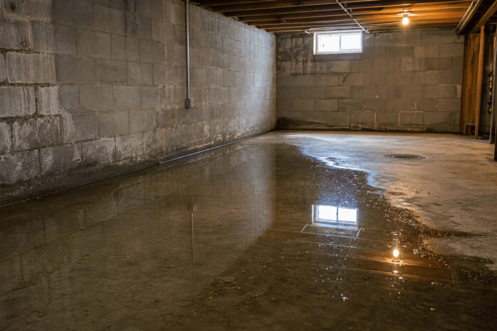 water pooling near a residential foundation basement