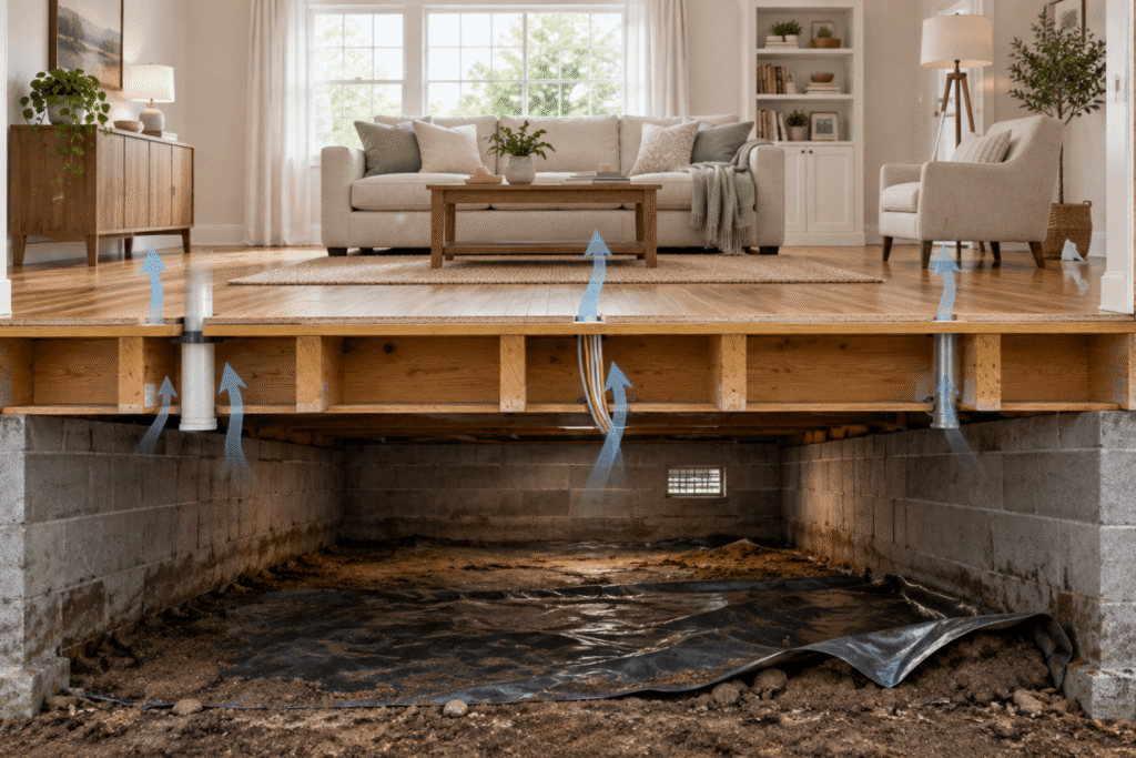 photo illustration showing crawl space below first floor living room
