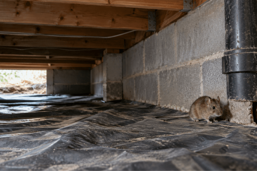 rodent crawling in a residential crawl space without a vent cover