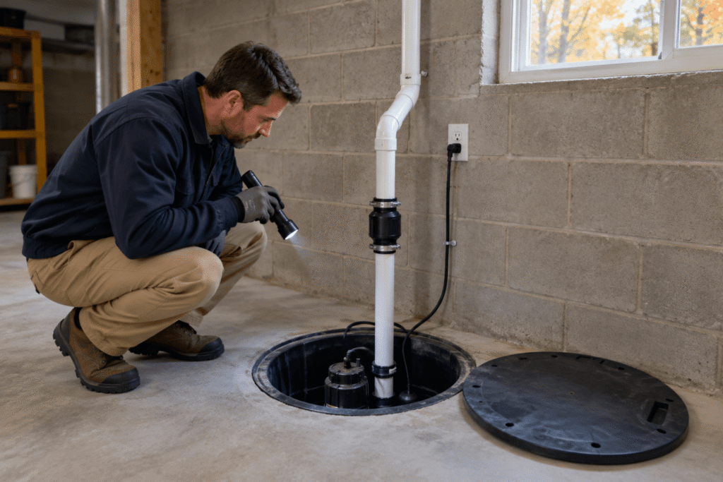 Man in a navy jacket and khaki pants holding a flashlight towards a sump pump as he inspects it