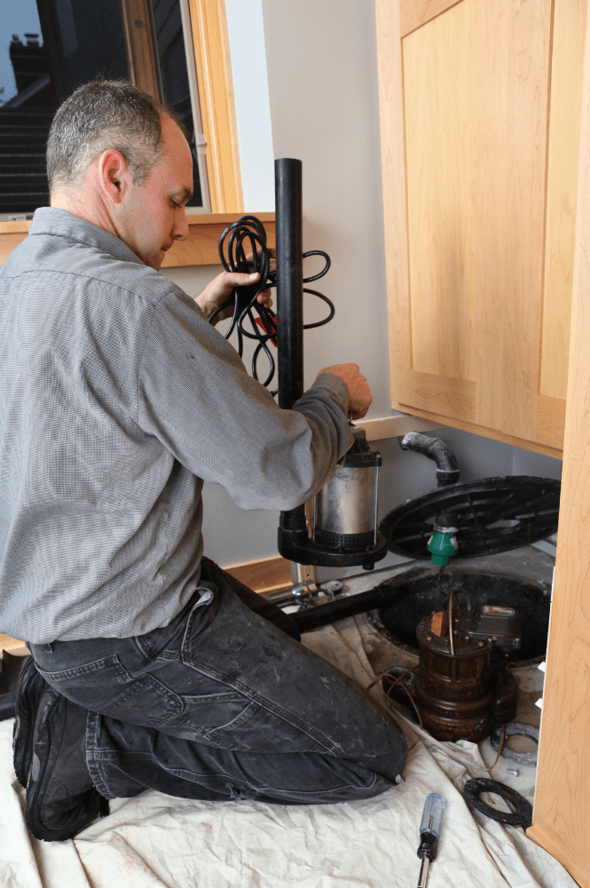 Professional inspecting a residential sump pump